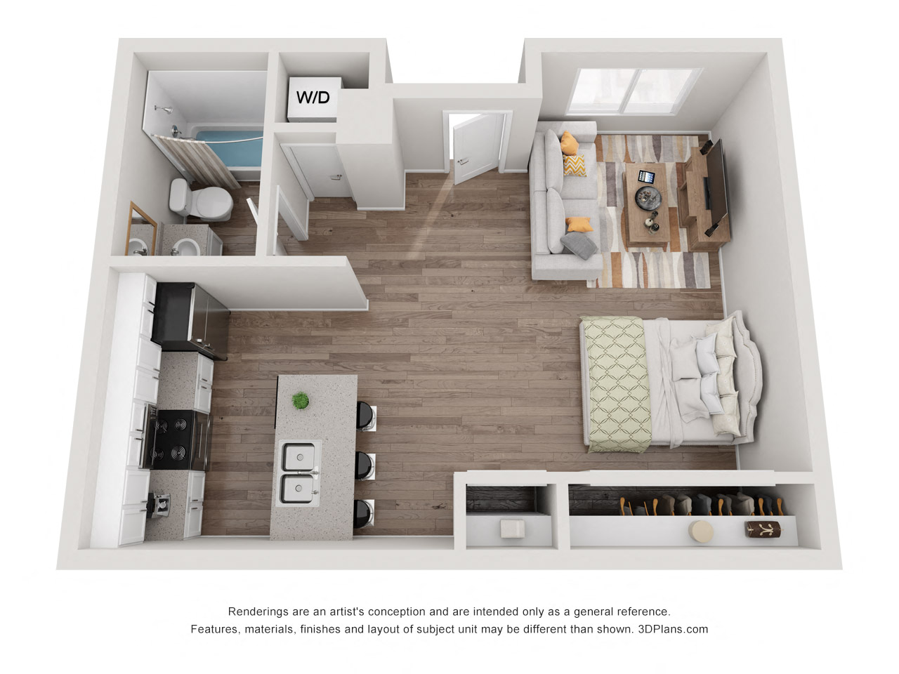 Floor plan for studio, 1 bath, 446 sqft